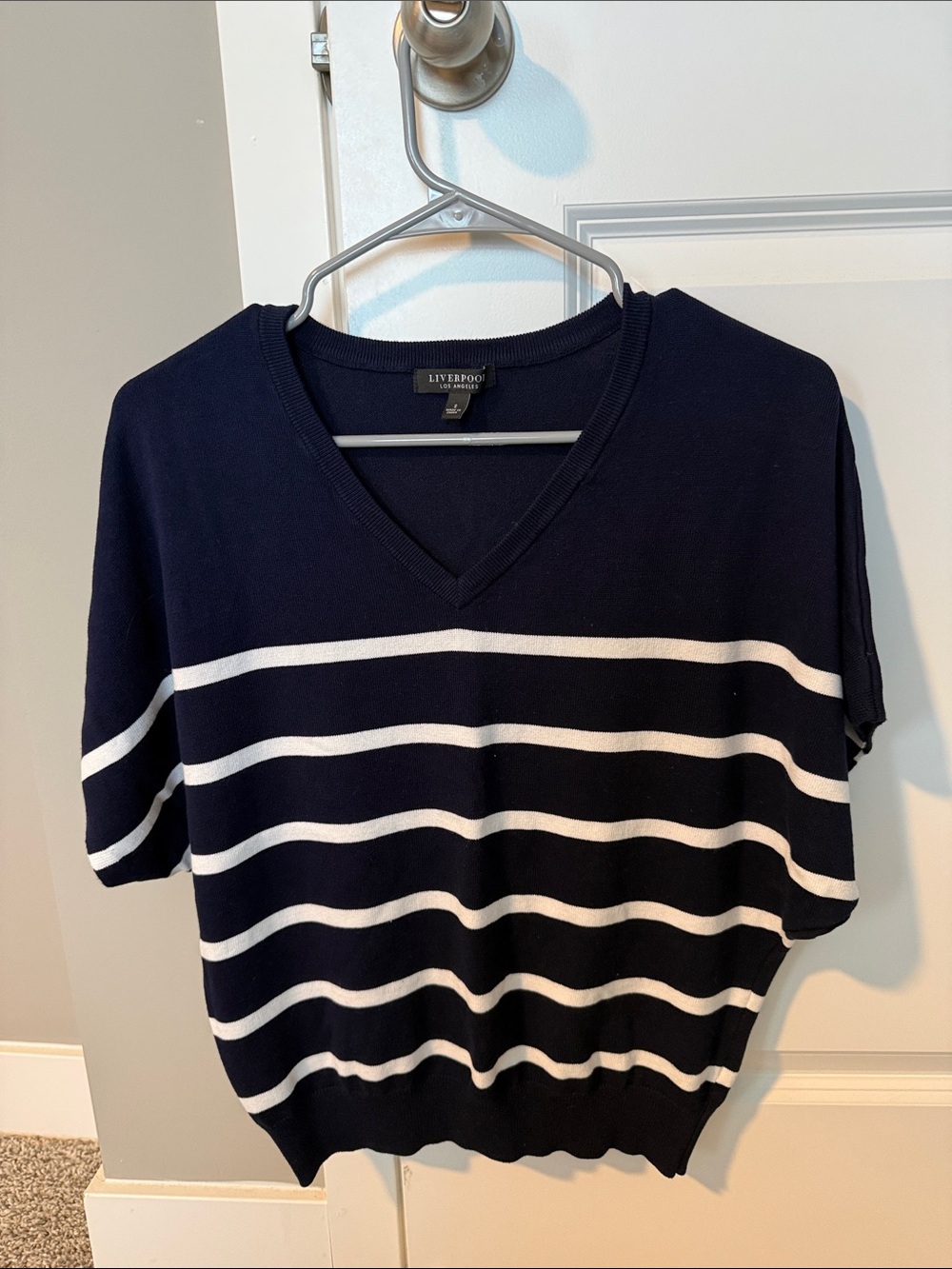 Liverpool Navy and White Striped V-Neck Short Sleeve Sweater